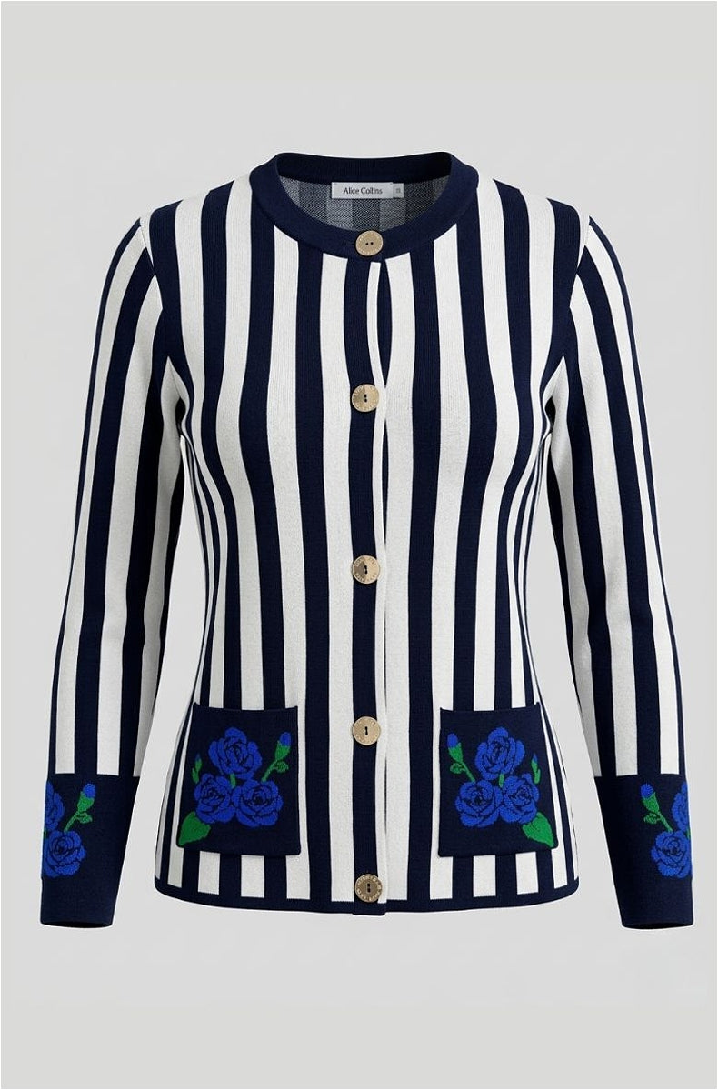 Alice Collins Hendon Stripe Cardigan 037A272 in NAVY/OFF WHITE, front photo