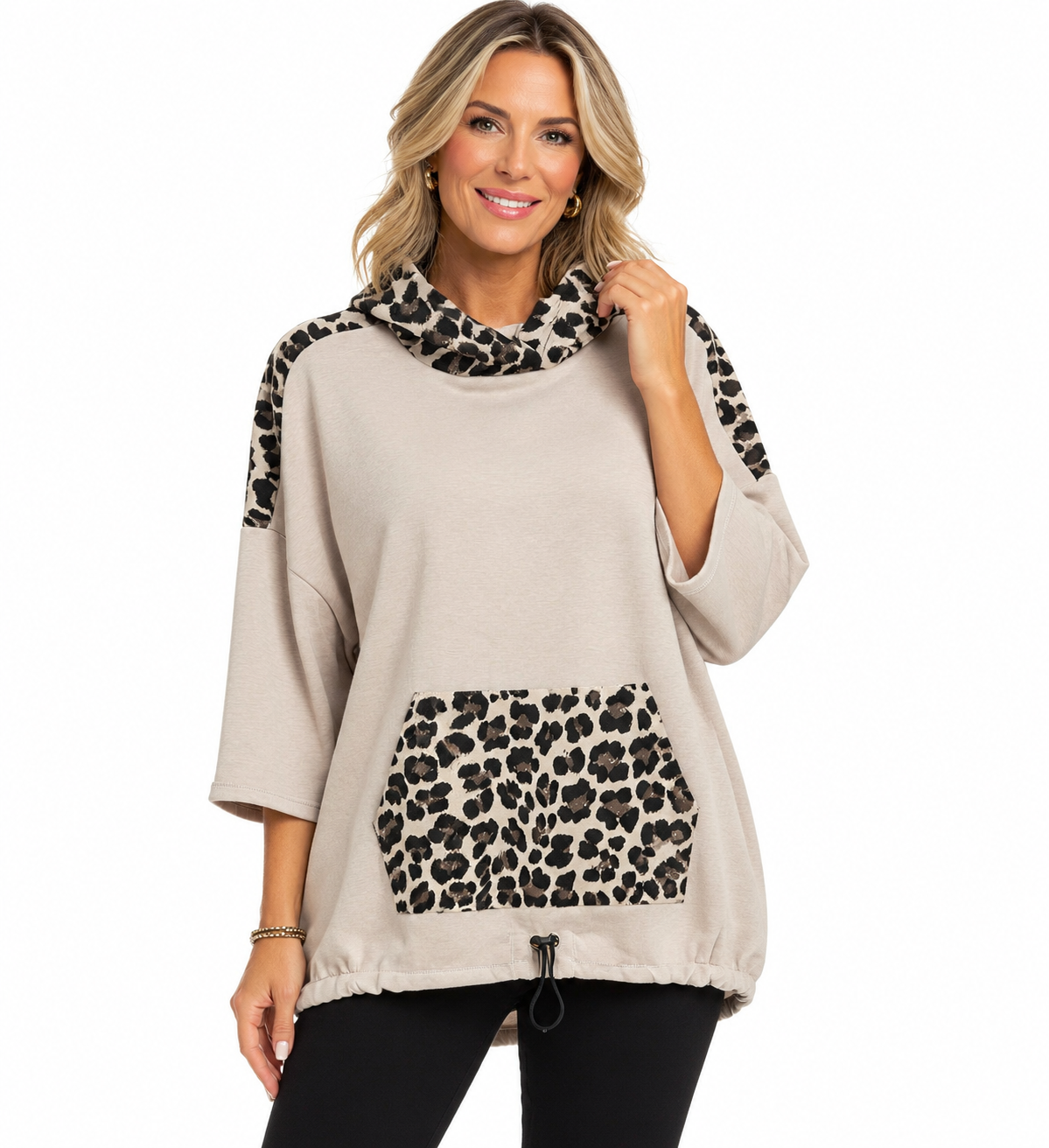 Beige leopard print detail hooded top styled on model