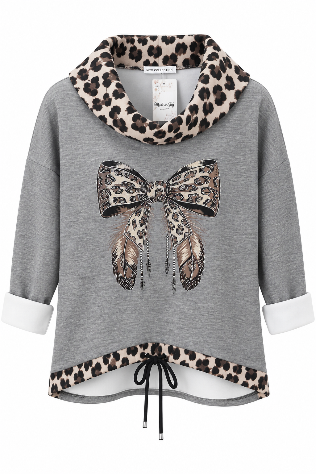 Grey leopard print bow detail cowl neck top front view