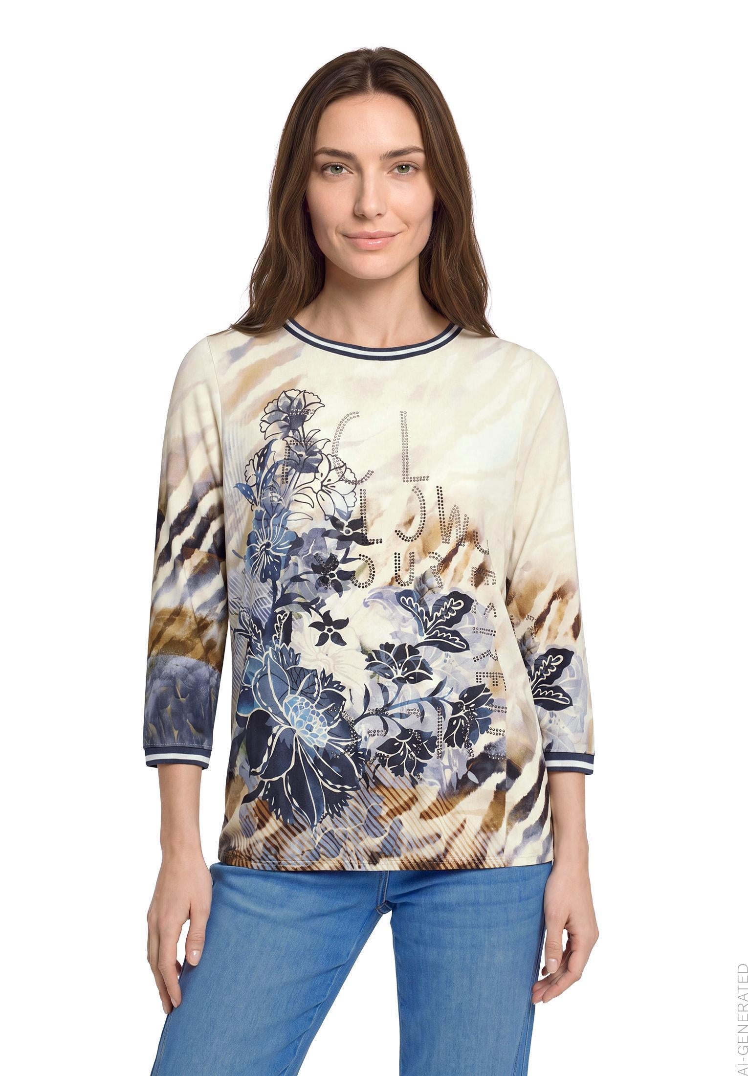 Betty Barclay floral boat-neck jersey top in blue beige, 2953/1722, photo 1