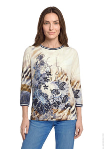 Betty Barclay floral boat-neck jersey top in blue beige, 2953/1722, photo 1