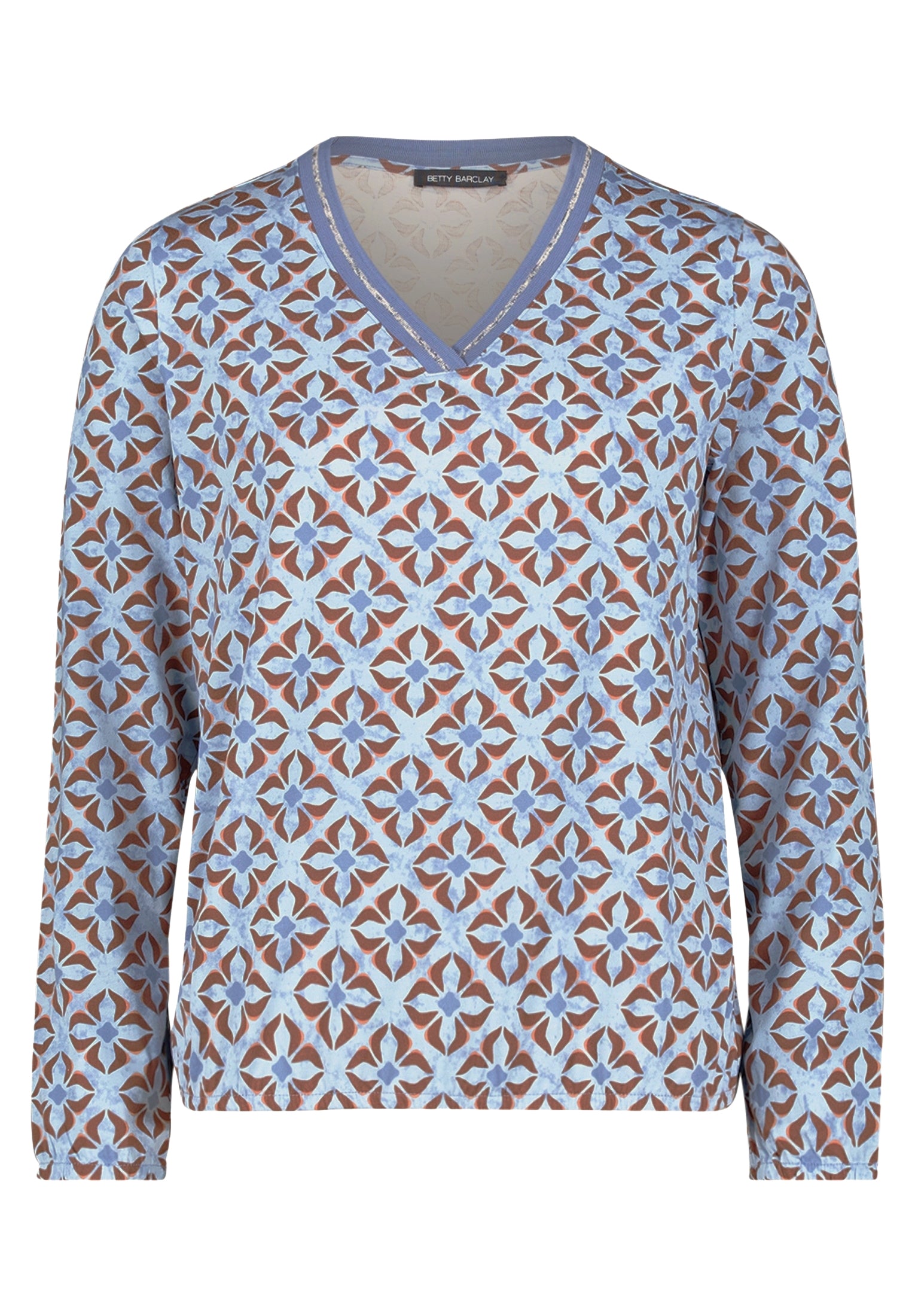 Betty Barclay graphic print v-neck jersey top in blue beige, 2954/1724, photo 4