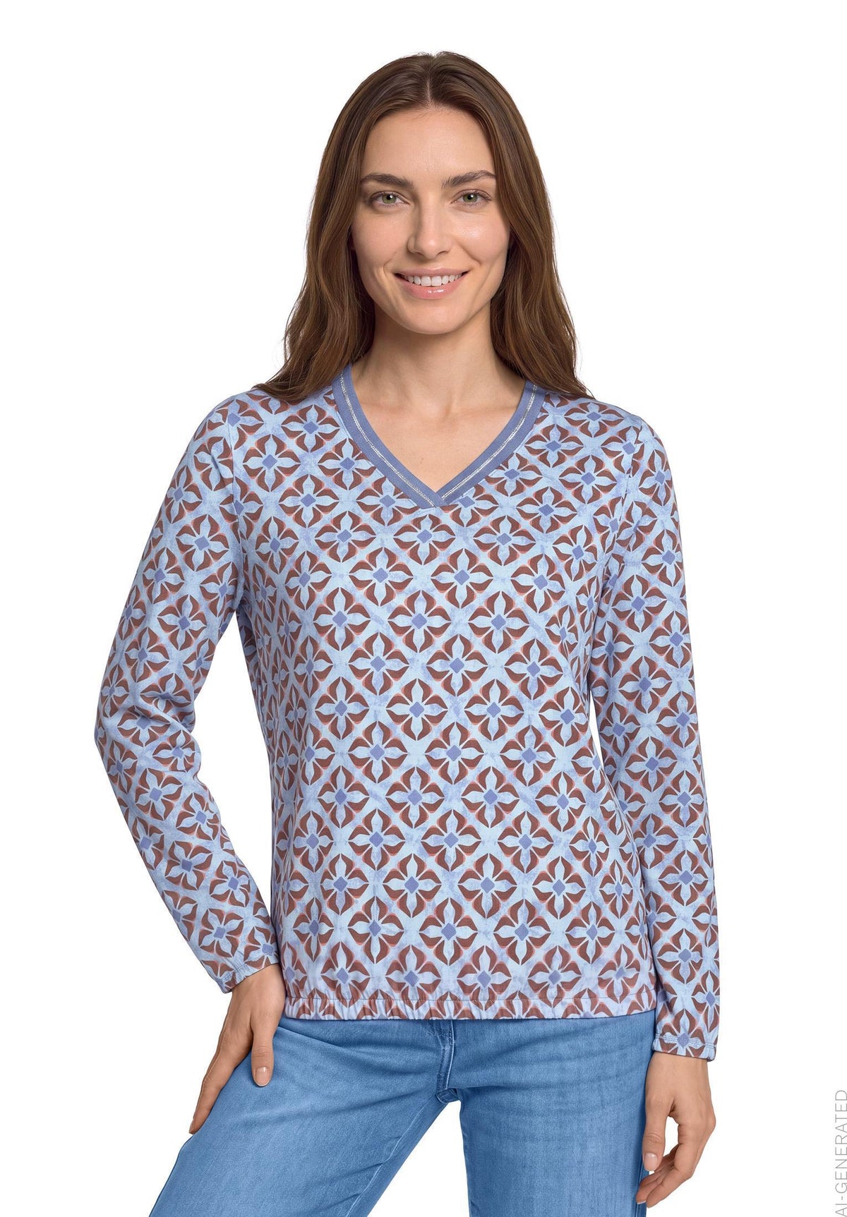 Betty Barclay graphic print v-neck jersey top in blue beige, 2954/1724, photo 1