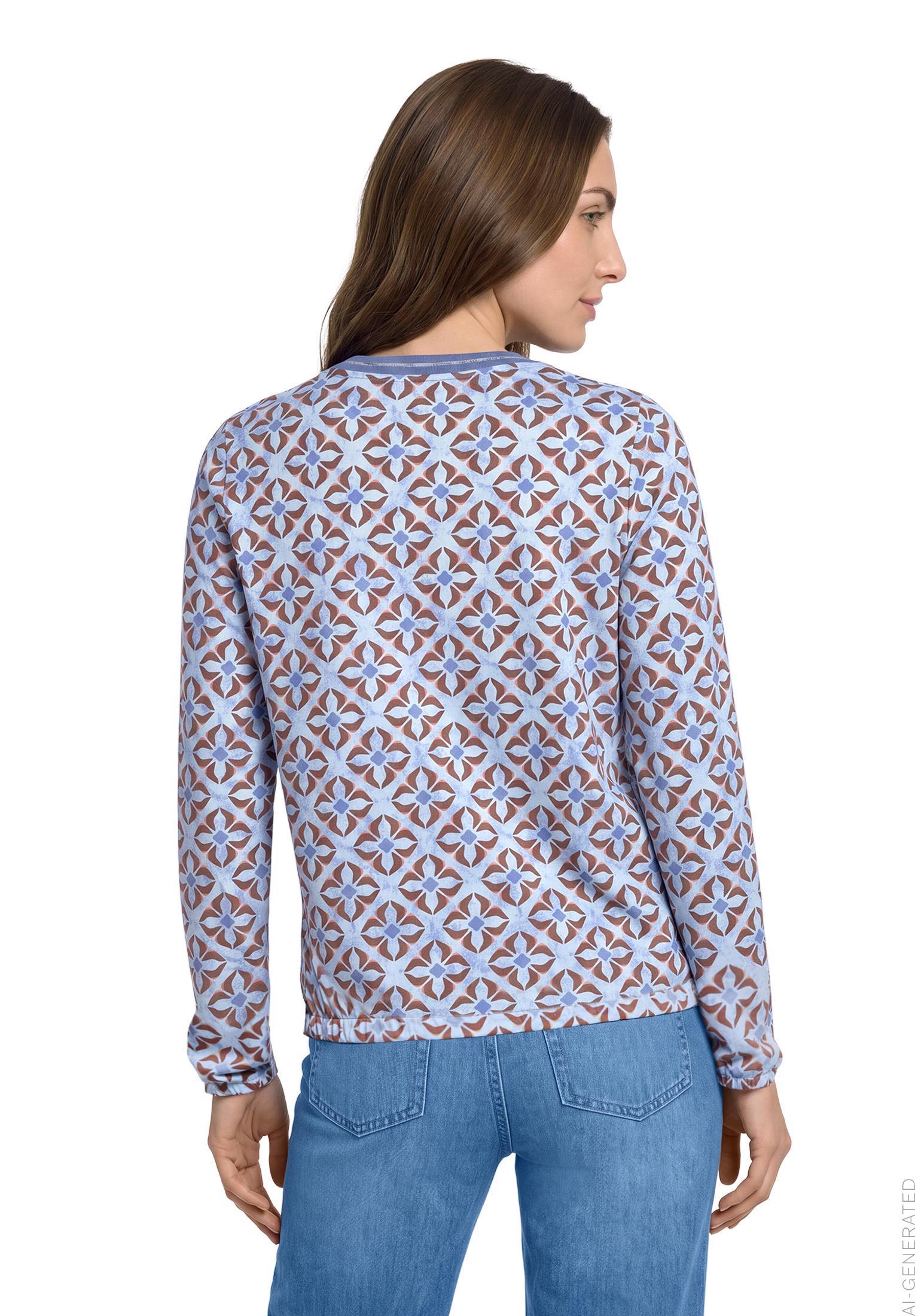 Betty Barclay graphic print v-neck jersey top in blue beige, 2954/1724, photo 3