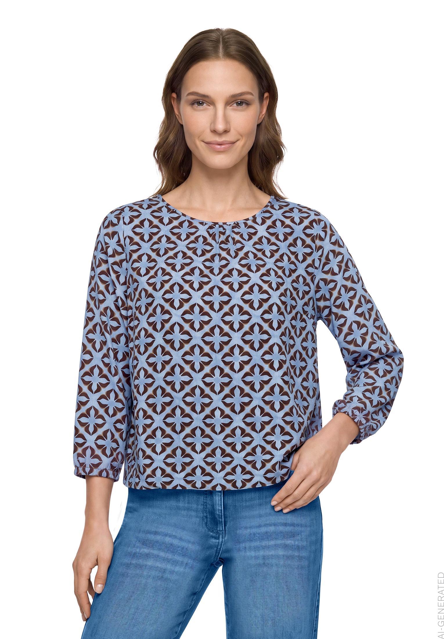 Betty Barclay graphic print gathered-neck blouse in blue beige, 8107/1747, photo 4