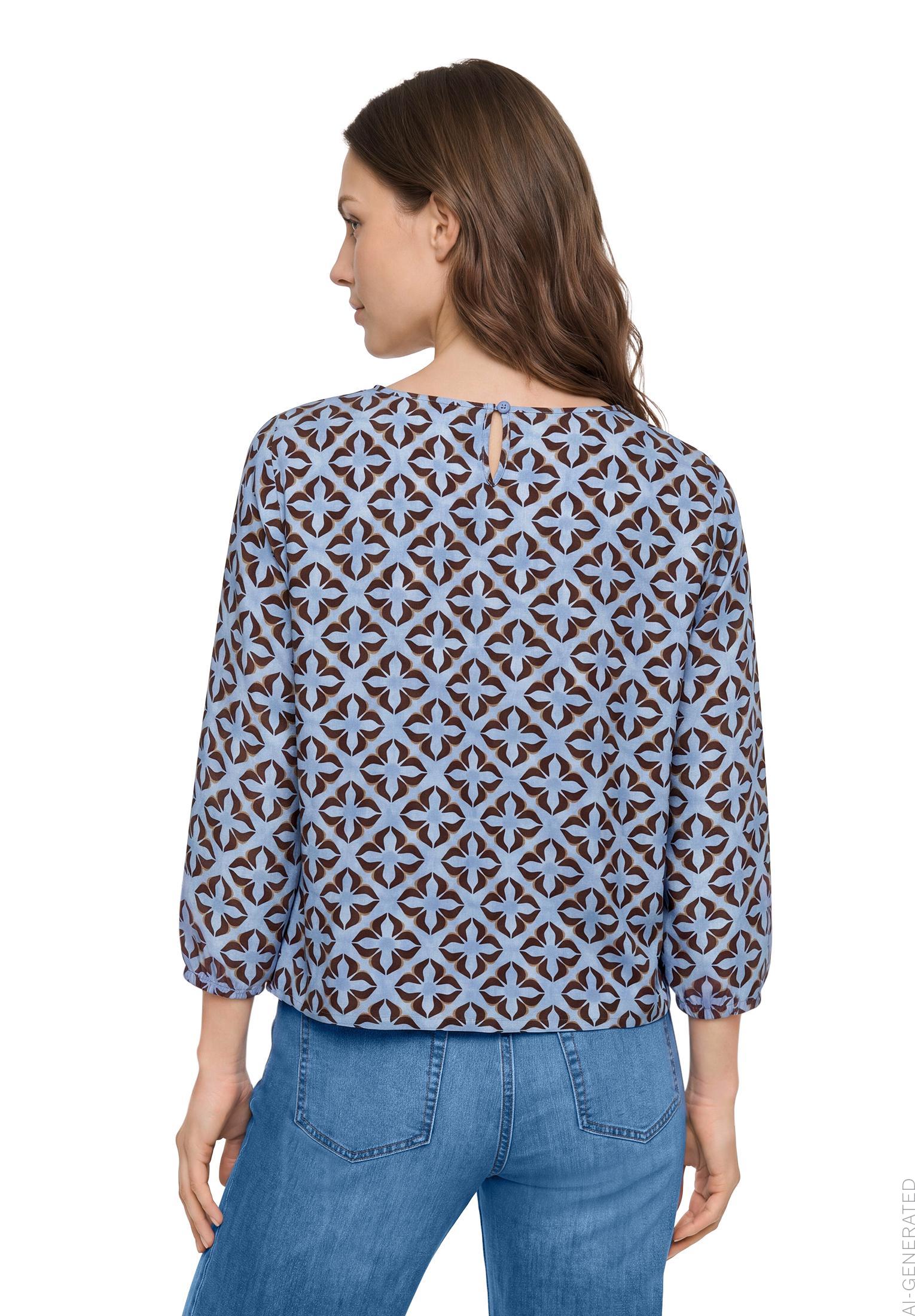 Betty Barclay graphic print gathered-neck blouse in blue beige, 8107/1747, photo 1