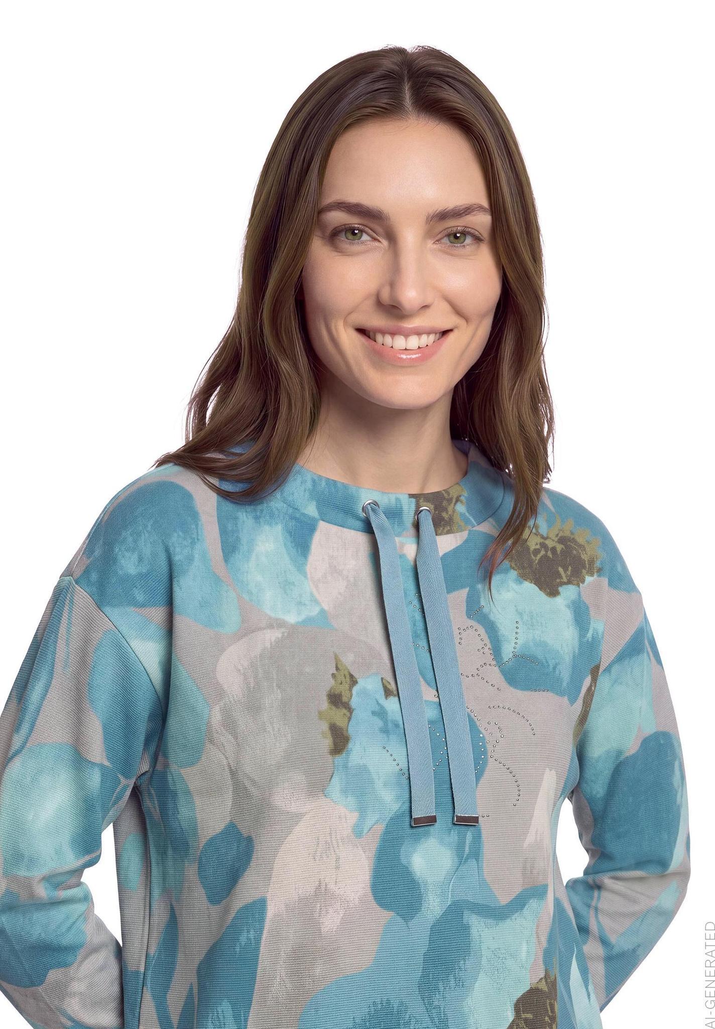 Betty Barclay floral high-collar sweatshirt in petrol, 2972/1721, detail view