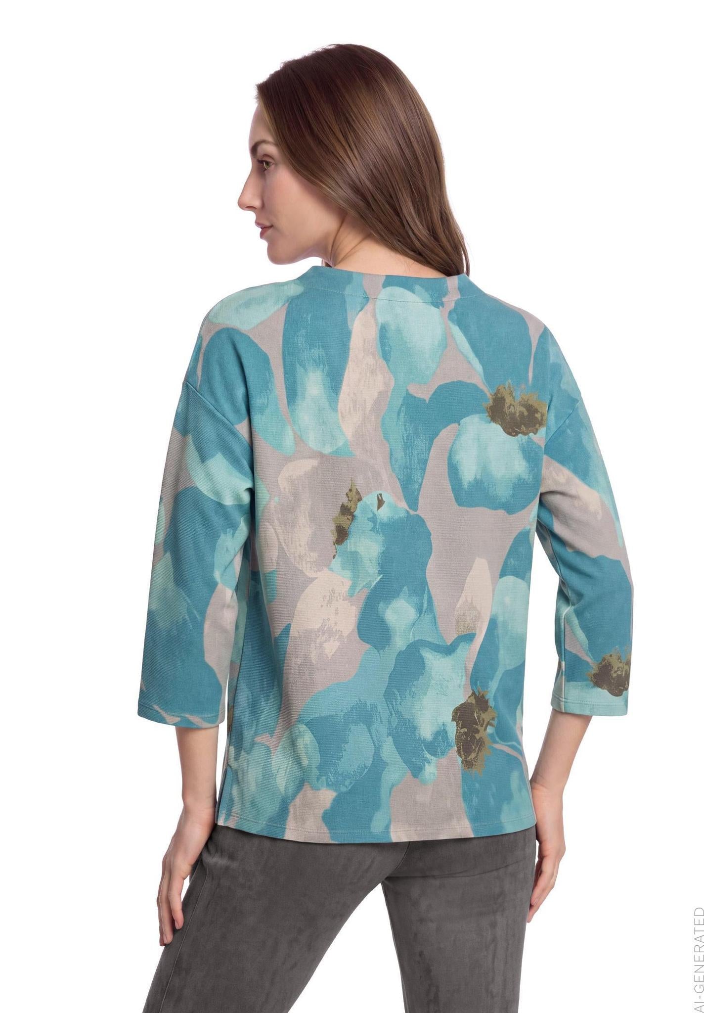 Betty Barclay floral high-collar sweatshirt in petrol, 2972/1721, back view