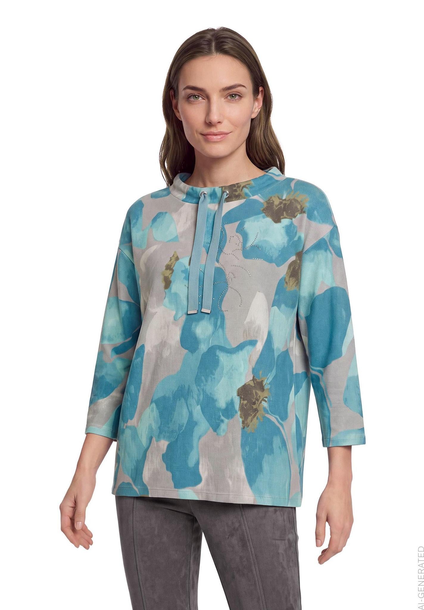 Betty Barclay floral high-collar sweatshirt in petrol, 2972/1721, model view
