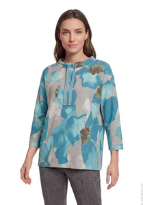 Betty Barclay floral high-collar sweatshirt in petrol, 2972/1721, model view