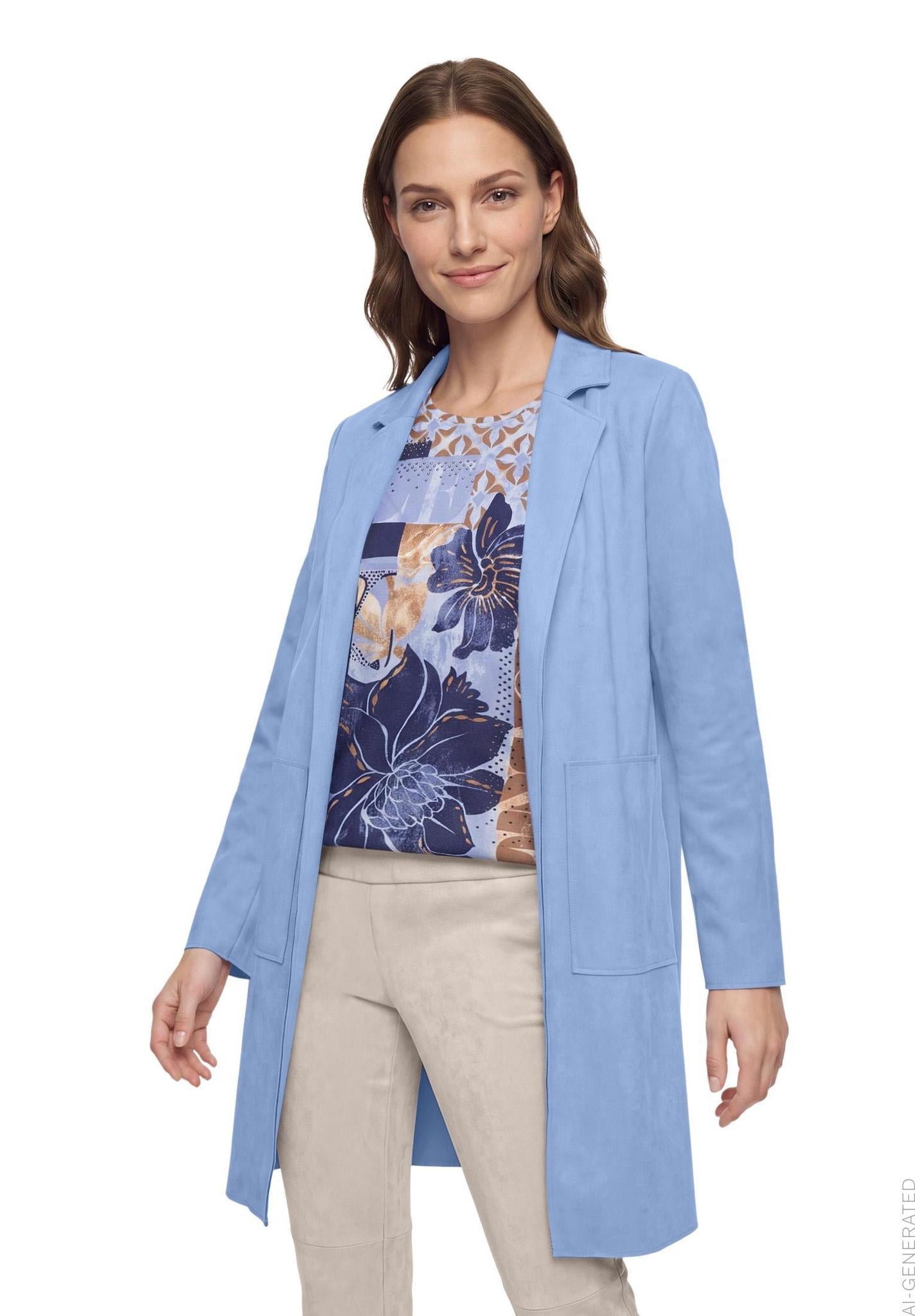 Betty Barclay suede-effect longline blazer in blue, 4412/1178, model view