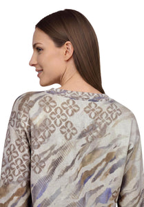 Betty Barclay floral fine knit tie-detail jumper in blue beige, 5499/2039, detail view