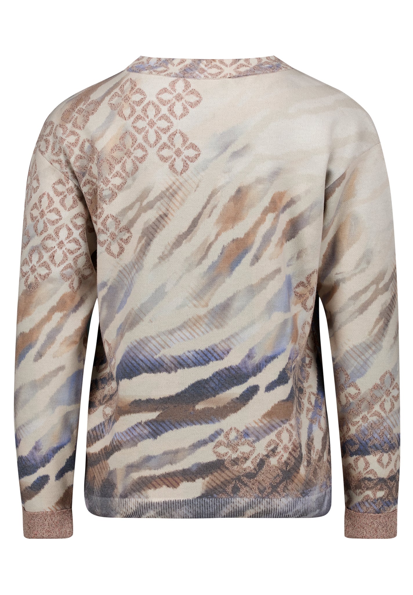 Betty Barclay floral fine knit tie-detail jumper in blue beige, 5499/2039, angled view