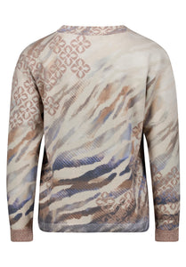 Betty Barclay floral fine knit tie-detail jumper in blue beige, 5499/2039, angled view