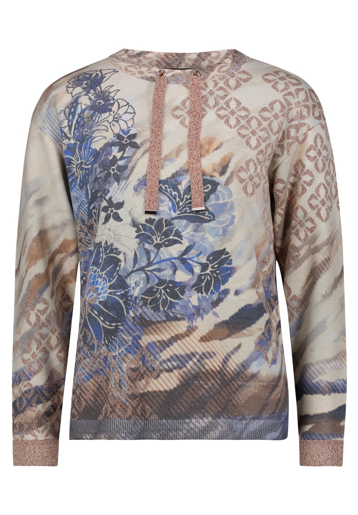 Betty Barclay floral fine knit tie-detail jumper in blue beige, 5499/2039, front view