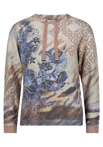 Betty Barclay floral fine knit tie-detail jumper in blue beige, 5499/2039, front view