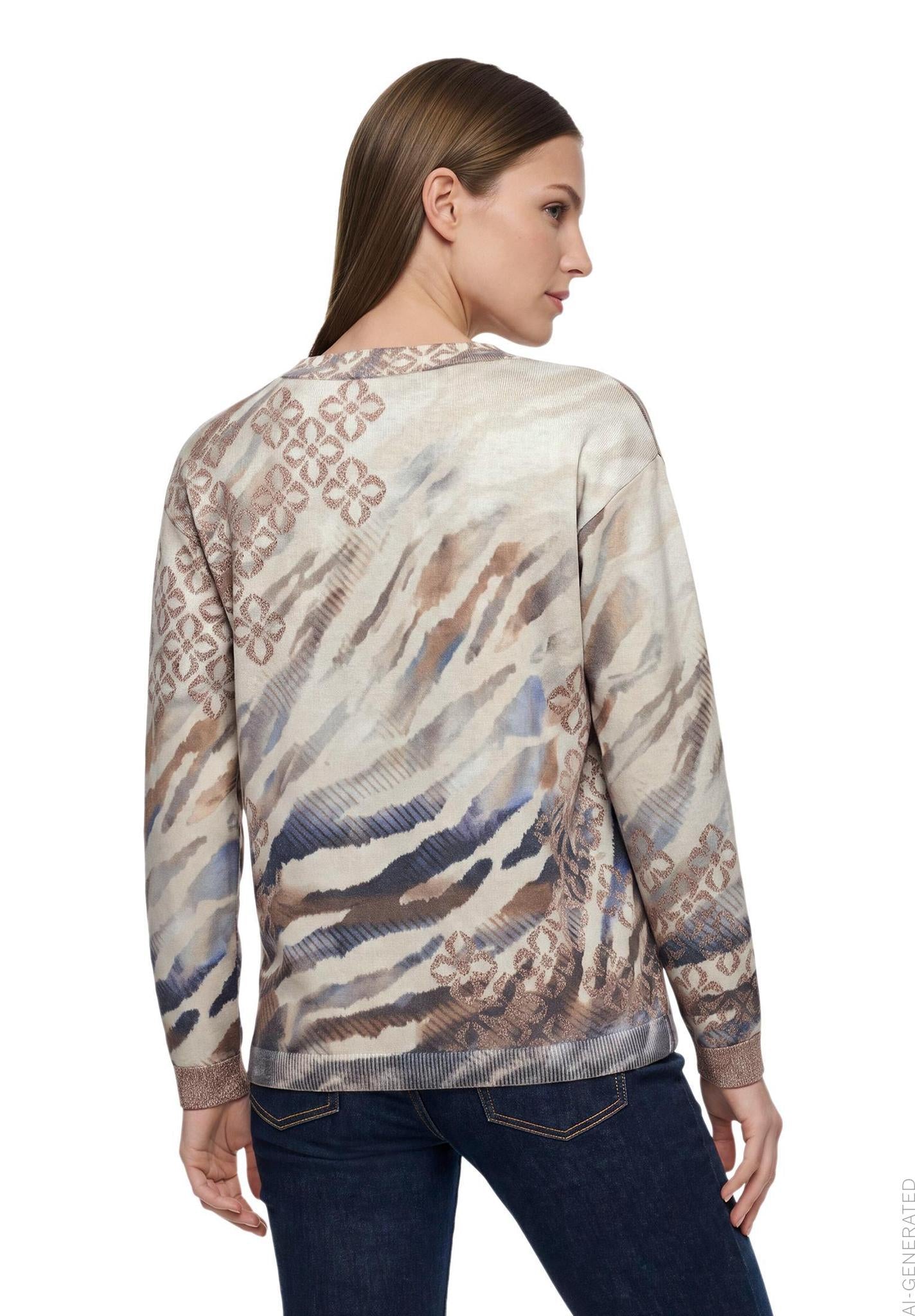 Betty Barclay floral fine knit tie-detail jumper in blue beige, 5499/2039, back view