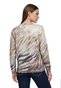 Betty Barclay floral fine knit tie-detail jumper in blue beige, 5499/2039, back view