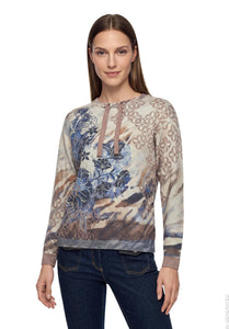 Betty Barclay floral fine knit tie-detail jumper in blue beige, 5499/2039, model view