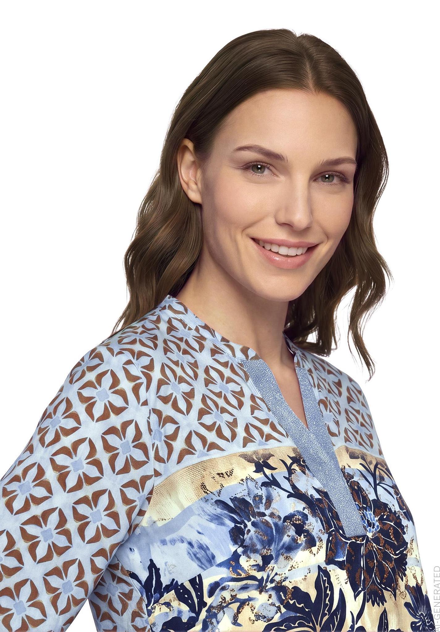 Betty Barclay printed long-sleeved blouse in blue beige, 8118/1696, detail view