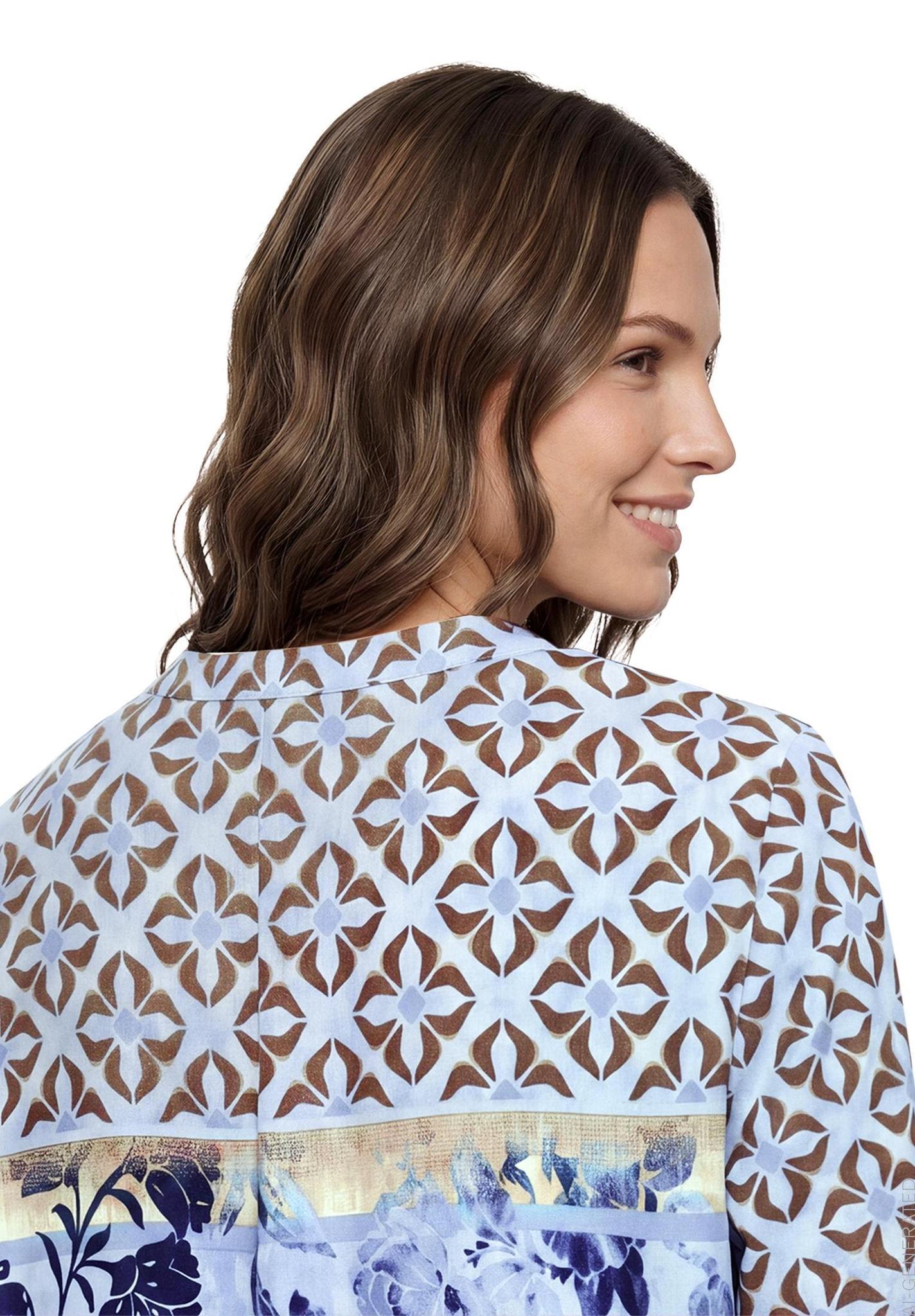 Betty Barclay printed long-sleeved blouse in blue beige, 8118/1696, detail view