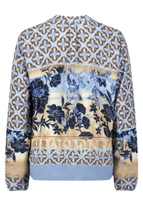 Betty Barclay printed long-sleeved blouse in blue beige, 8118/1696, angled view