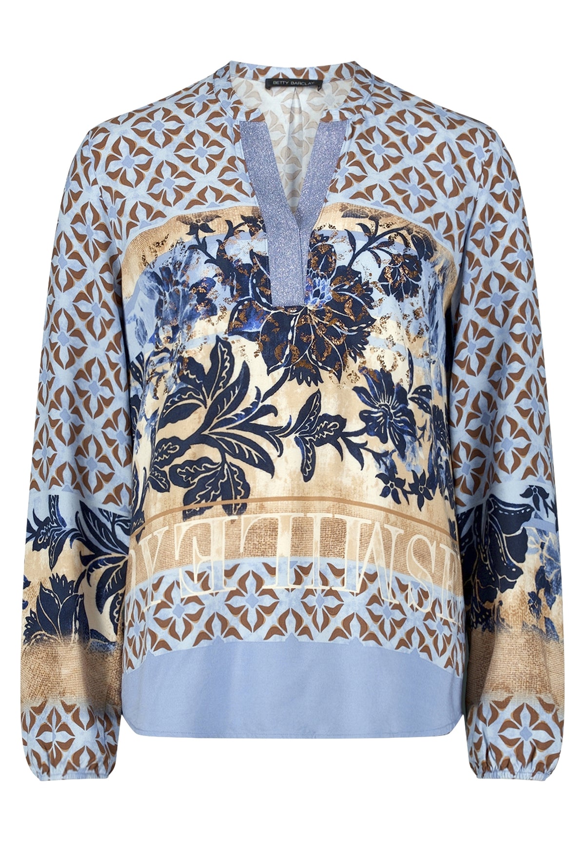 Betty Barclay printed long-sleeved blouse in blue beige, 8118/1696, front view