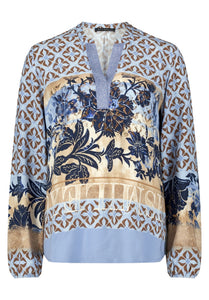 Betty Barclay printed long-sleeved blouse in blue beige, 8118/1696, front view