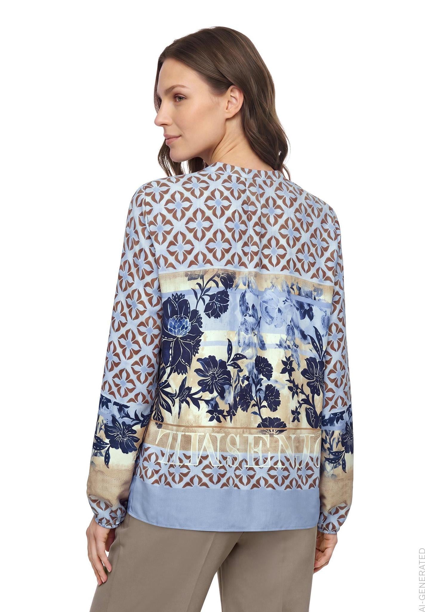 Betty Barclay printed long-sleeved blouse in blue beige, 8118/1696, back view