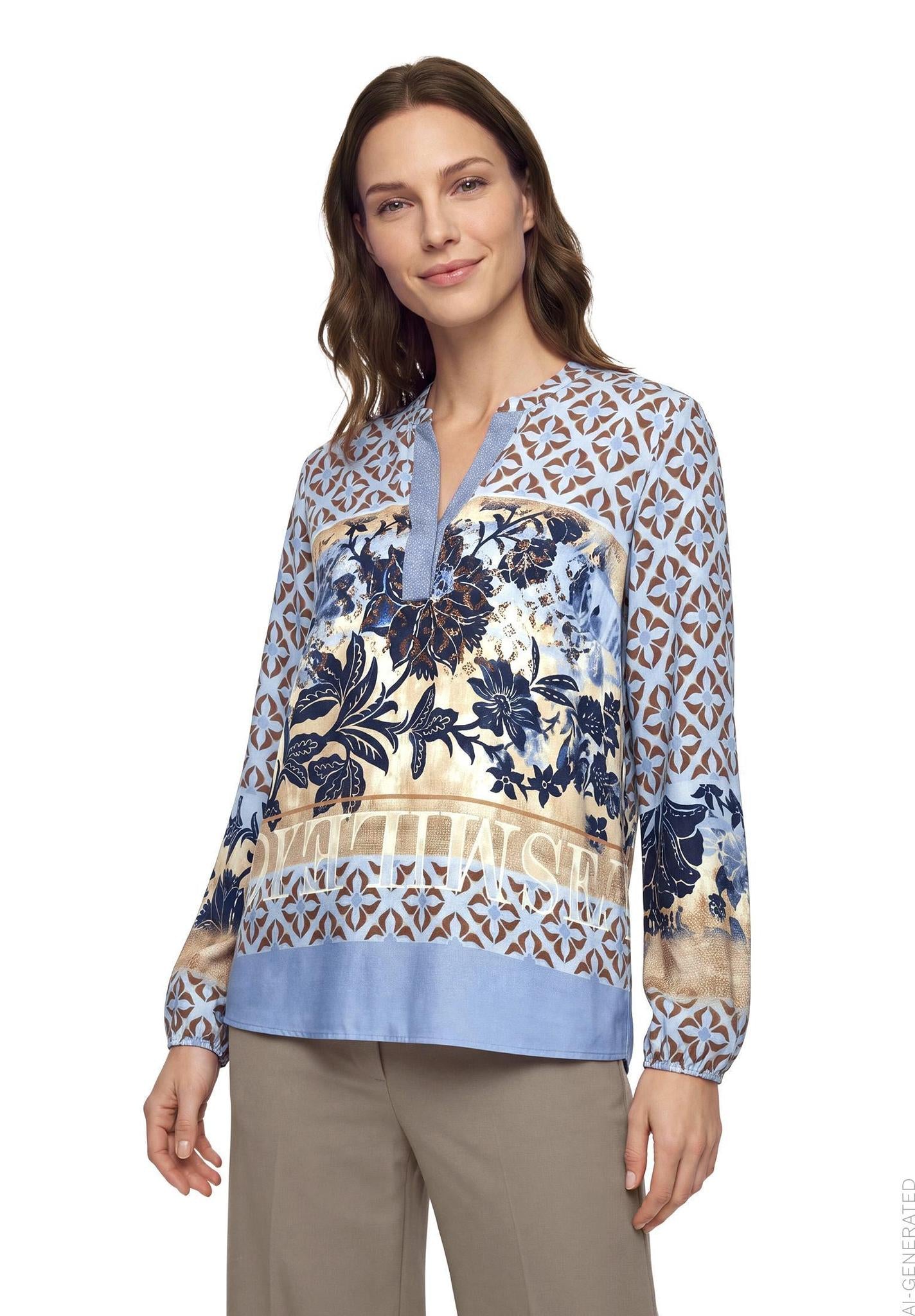 Betty Barclay printed long-sleeved blouse in blue beige, 8118/1696, model view