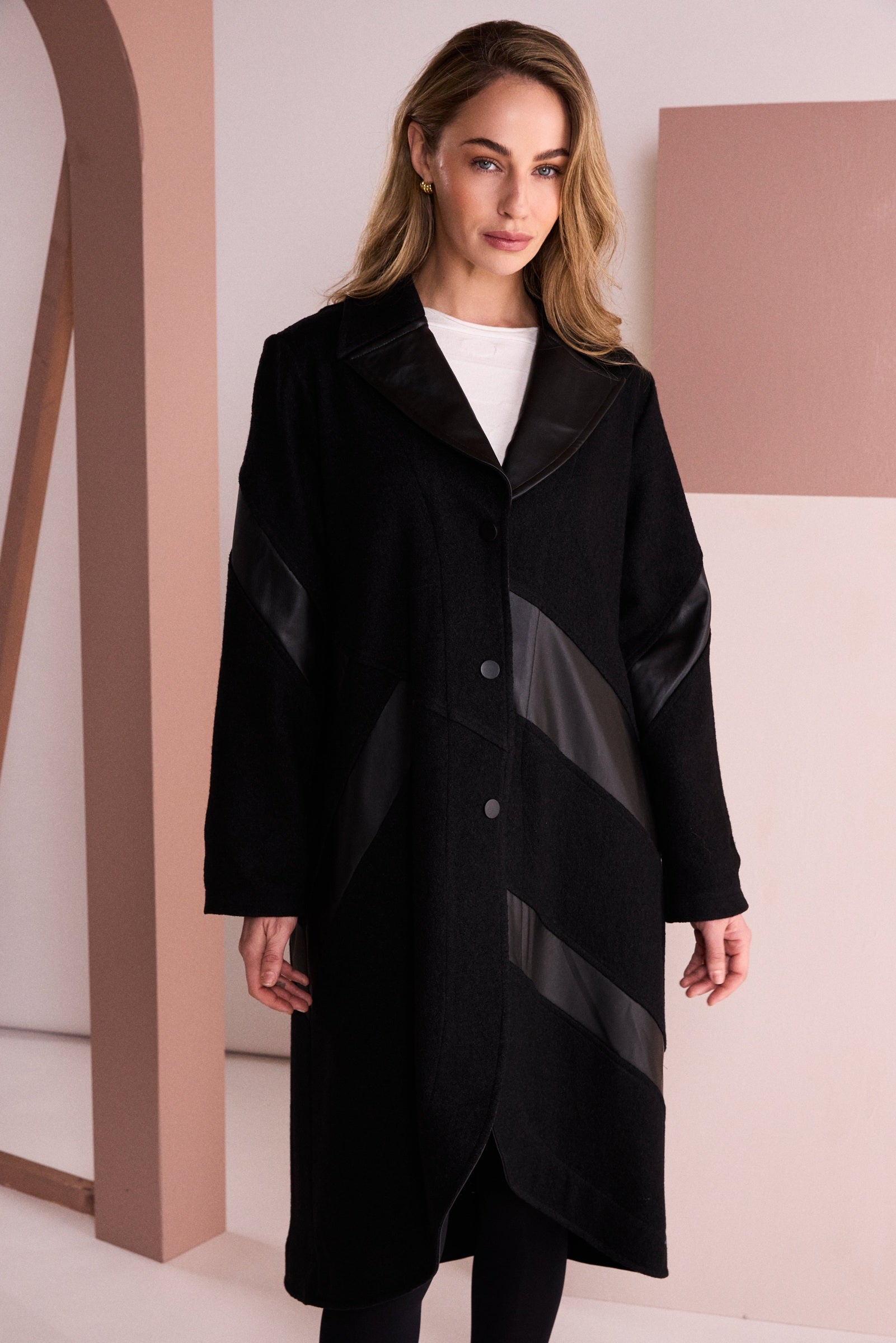 Naya Soft Long Line Coat With Leather Insets