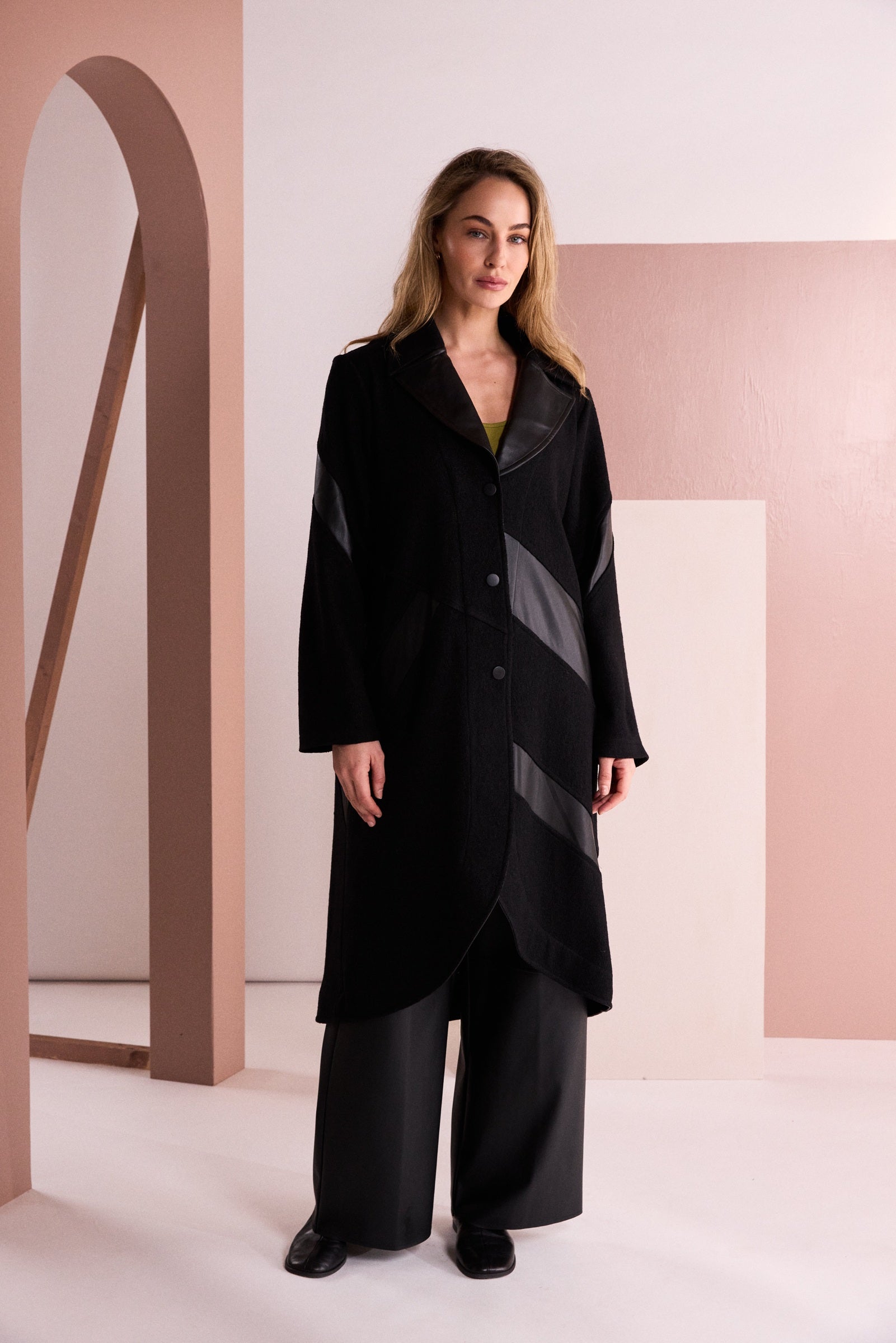 Naya Soft Long Line Coat With Leather Insets