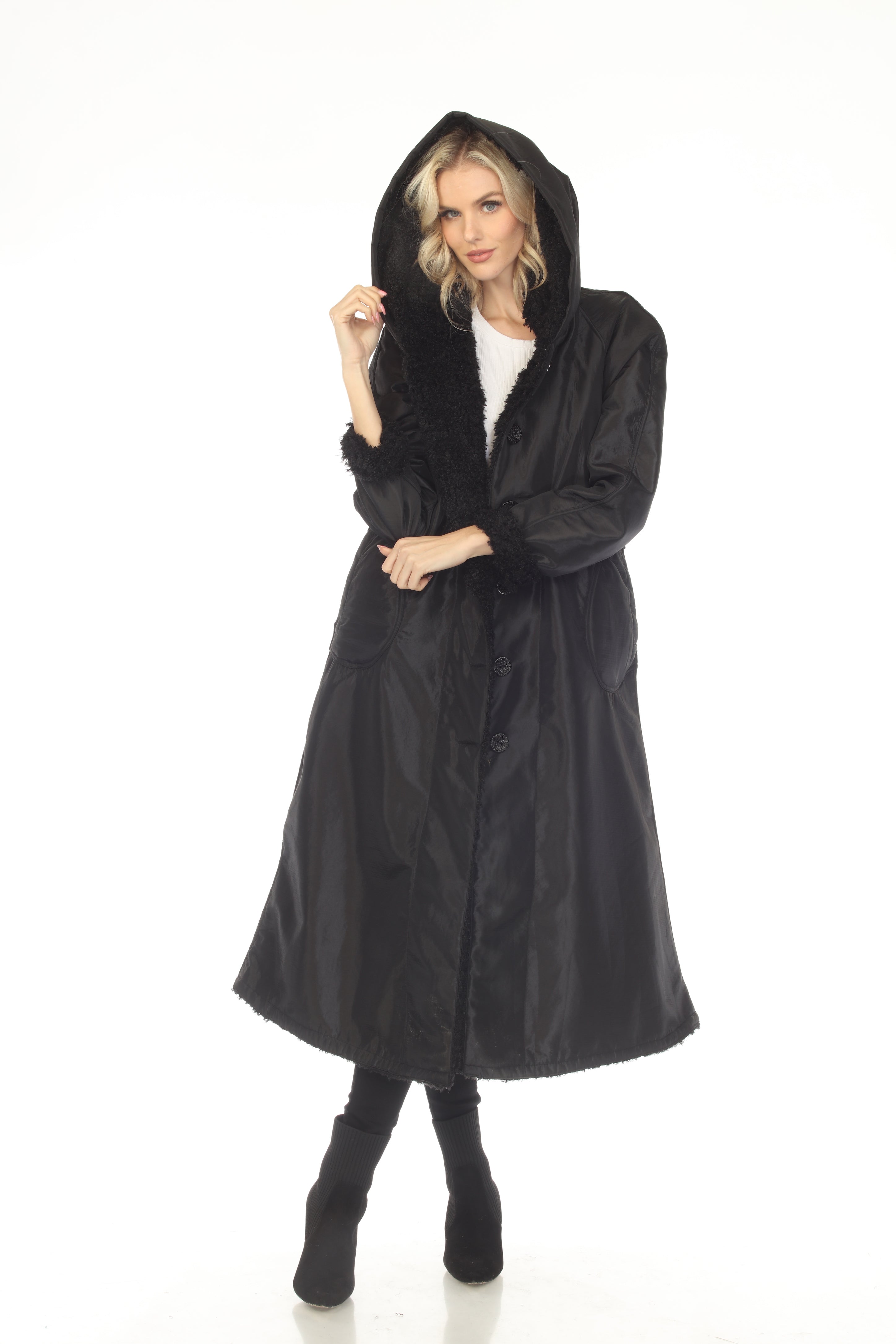 Oopera C2679RW reversible longline coat in black, front