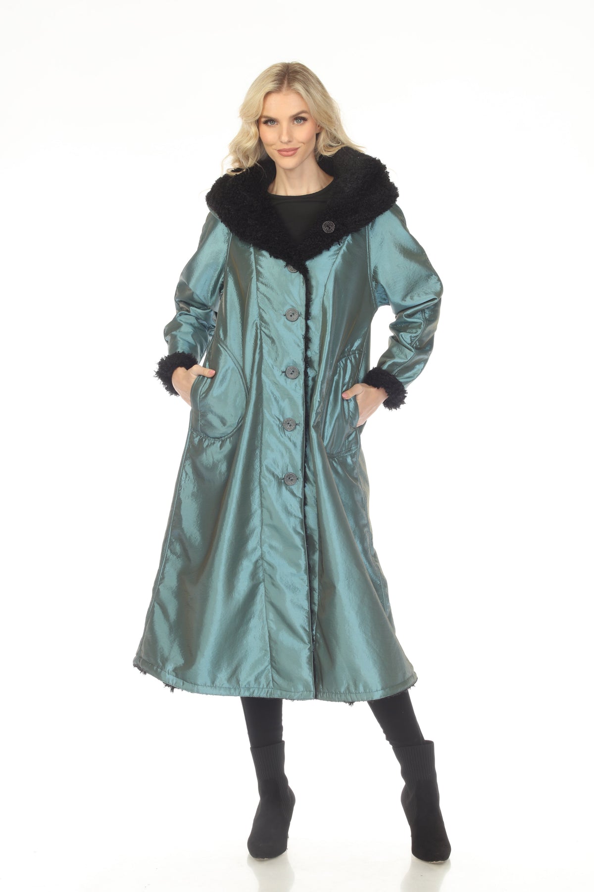Oopera C2679RW reversible longline coat in teal, front