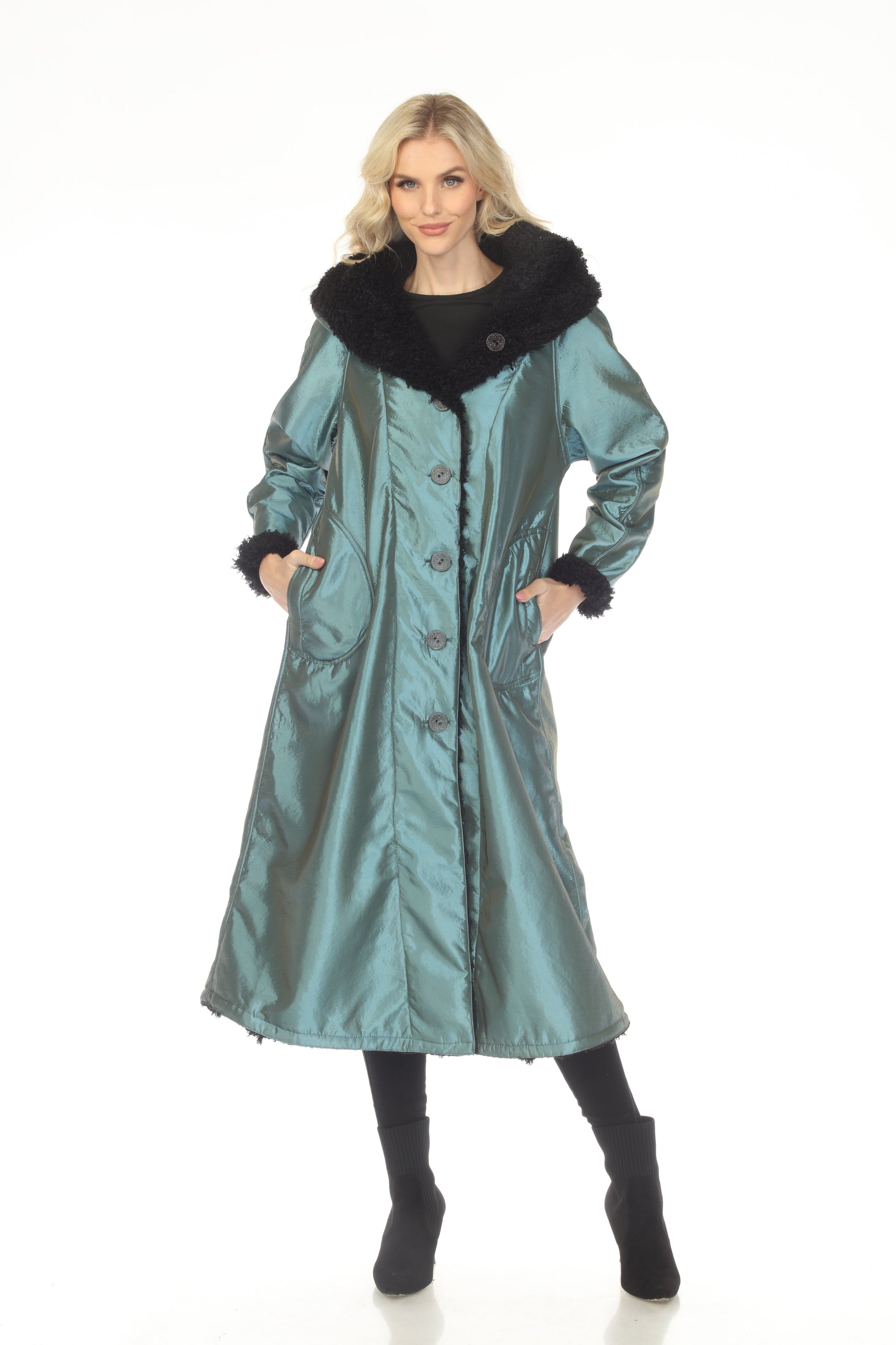 Oopera C2679RW reversible longline coat in teal, front