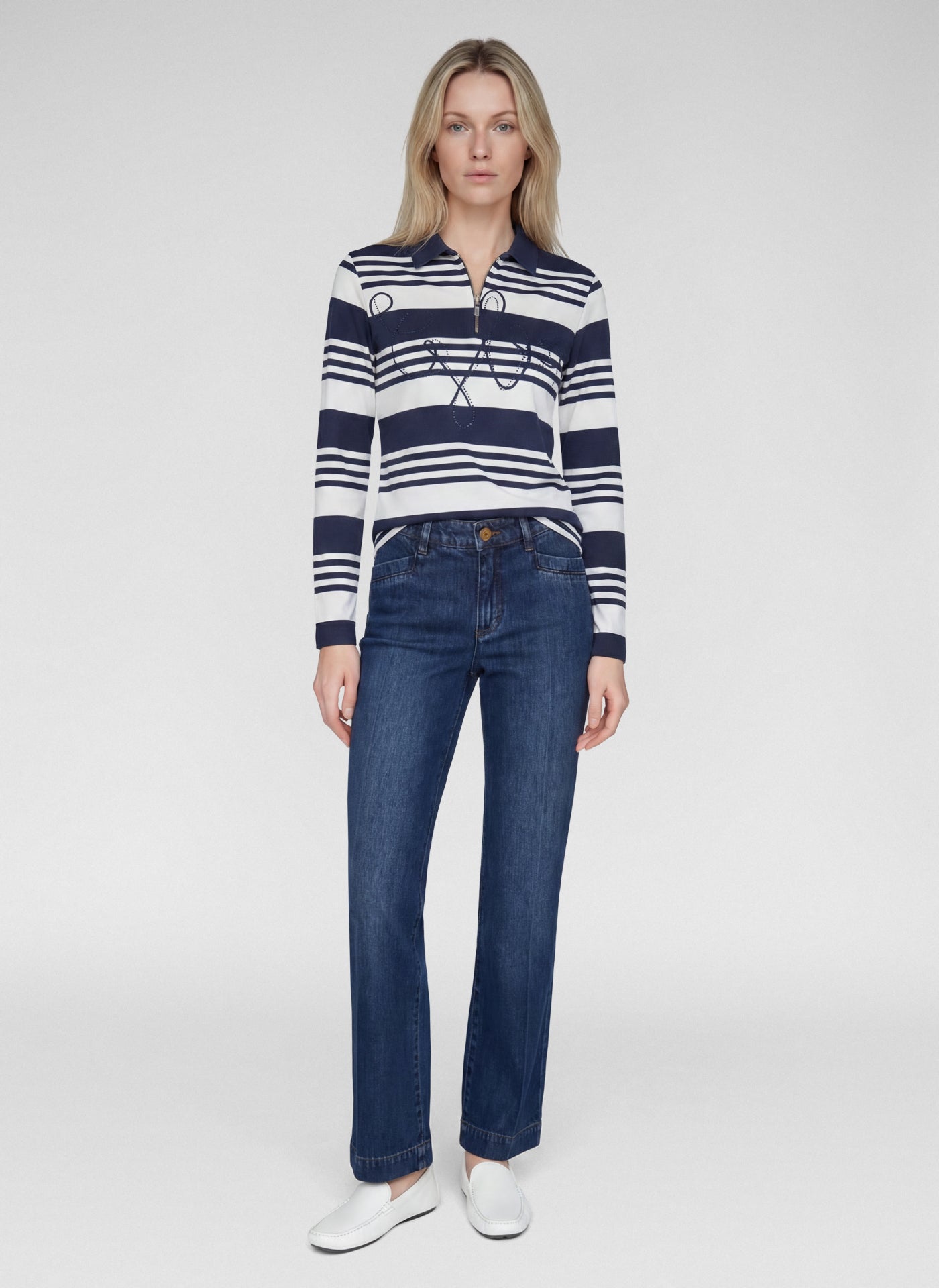 Rabe Striped Cotton Polo Top - Navy-Beige - 113380