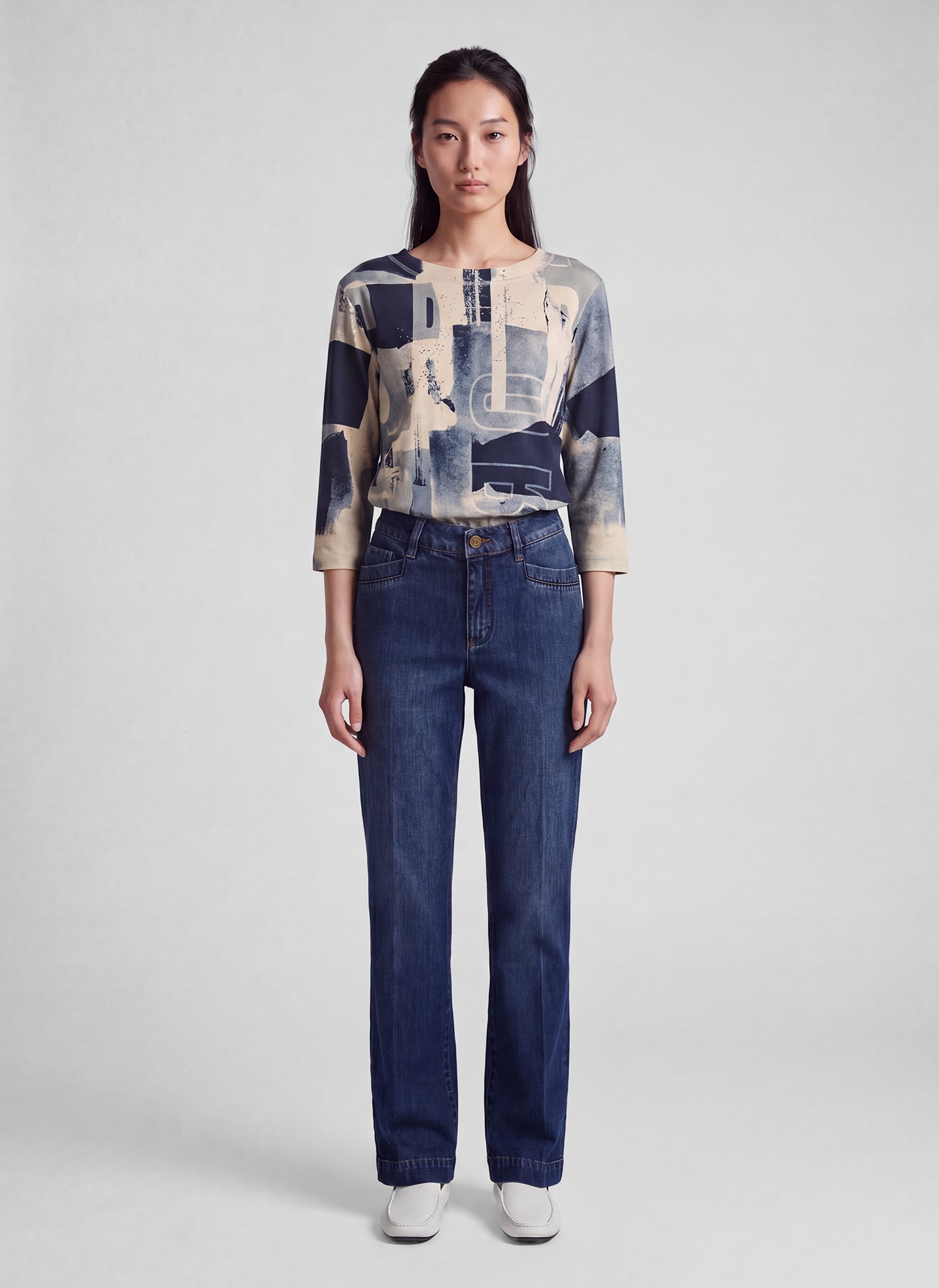 Rabe Abstract Print Cotton Blend Top - Navy-Beige - 113374