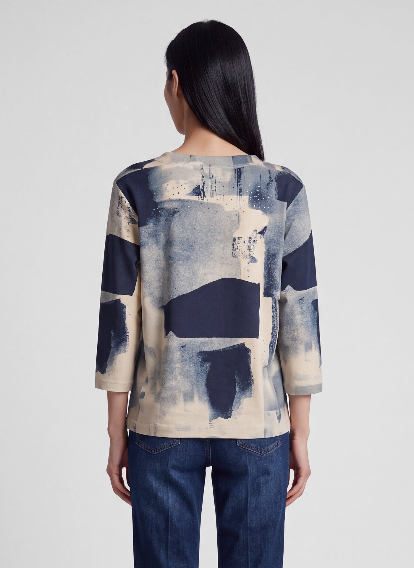Rabe Abstract Print Cotton Blend Top - Navy-Beige - 113374