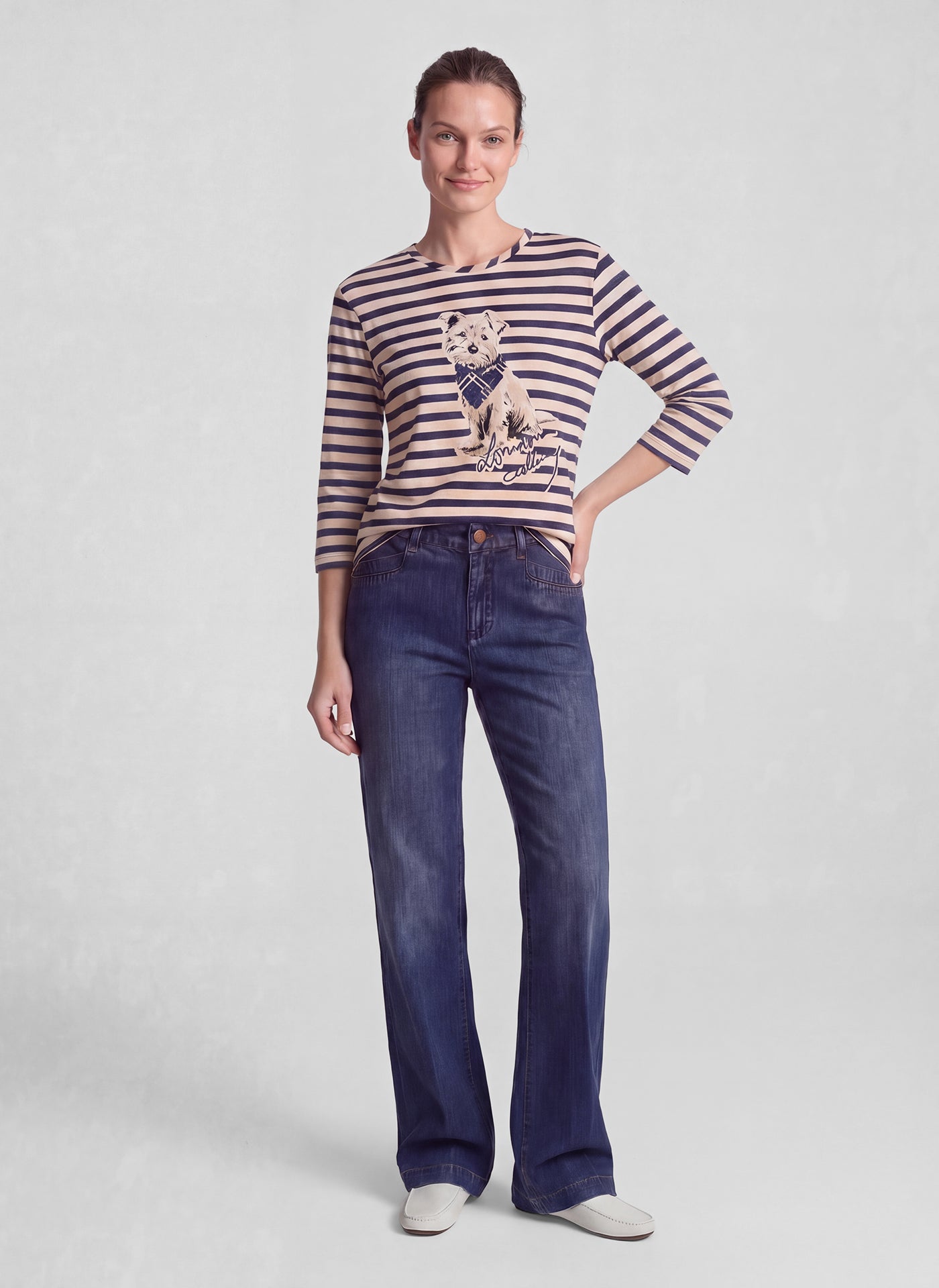 Rabe Striped Graphic Cotton Blend Top - Navy-Beige - 113376