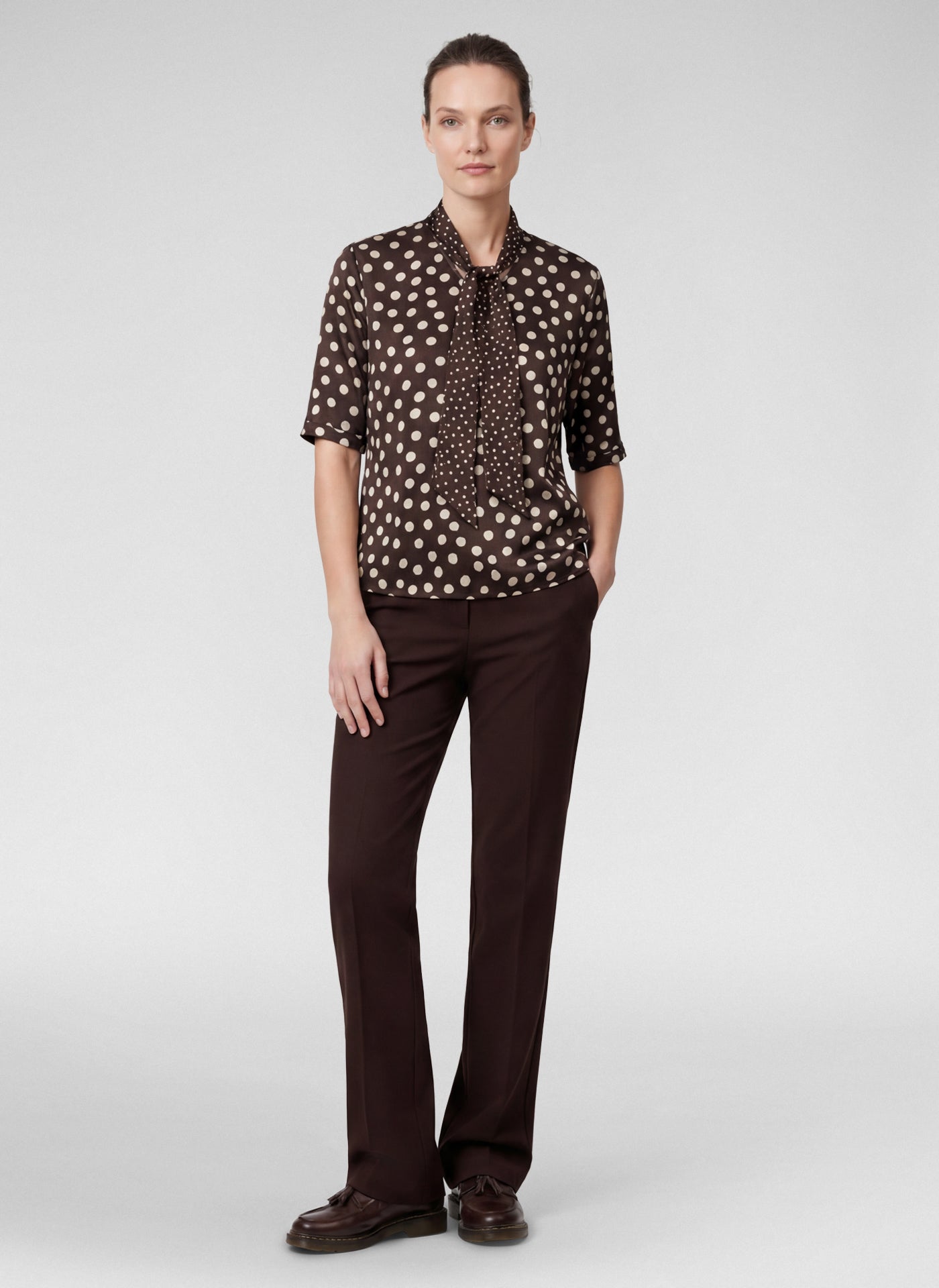 Rabe Spot Print Tie-Neck Top - Chocolate - 111357