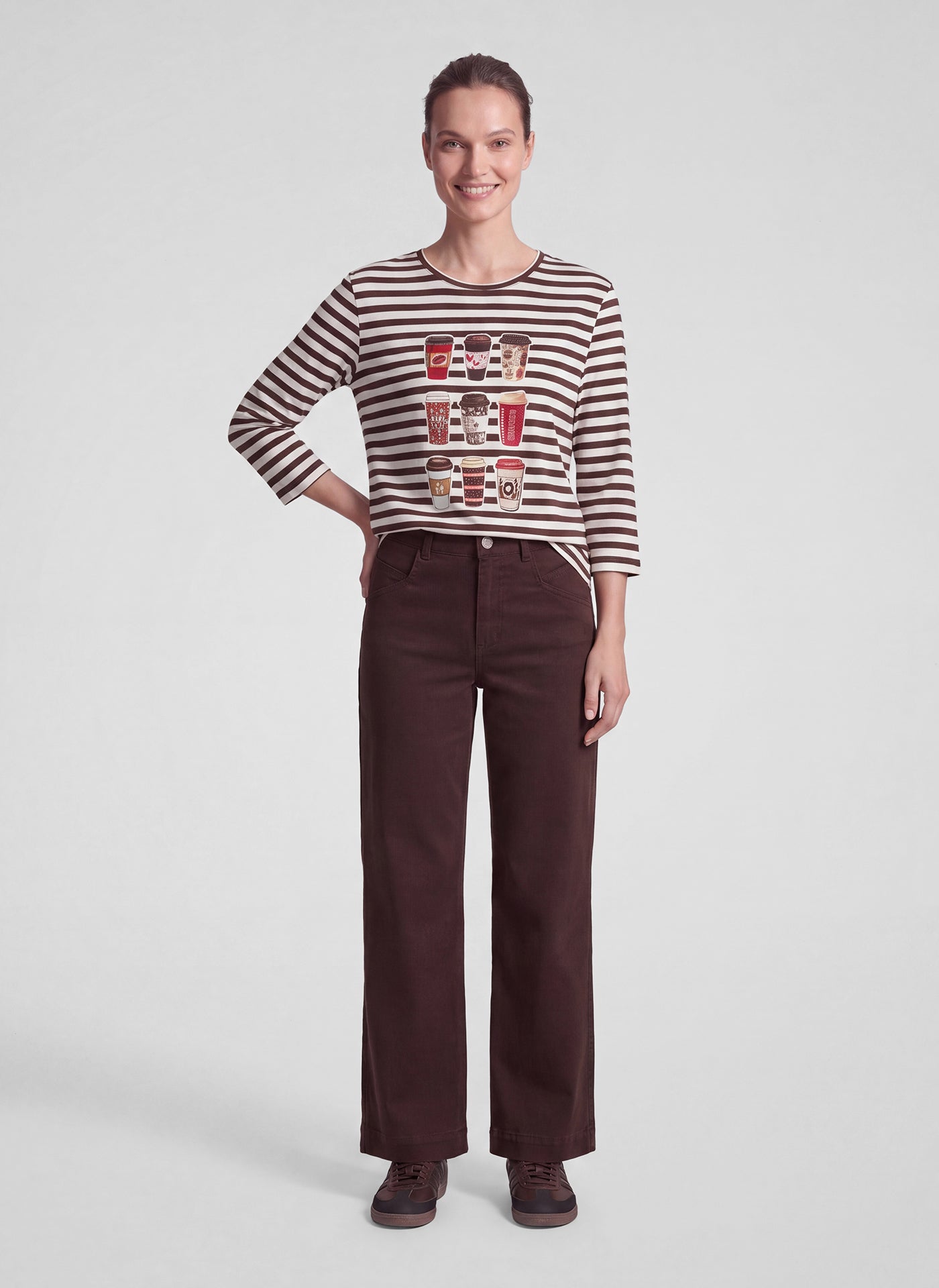 Rabe Striped Graphic Cotton Top - Coffee - 122359