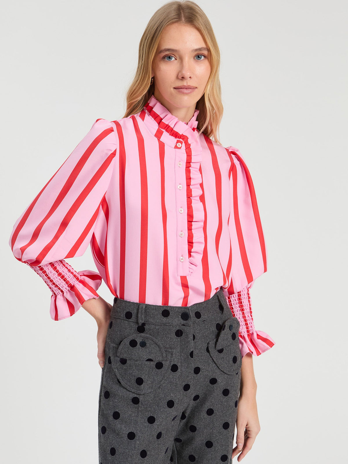 Vilagallo Pink Striped Ruffle Blouse 33938, front view