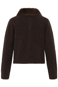 B.Young Otina Chocolate Faux-Fur Collar Cardigan 20819766 — back
