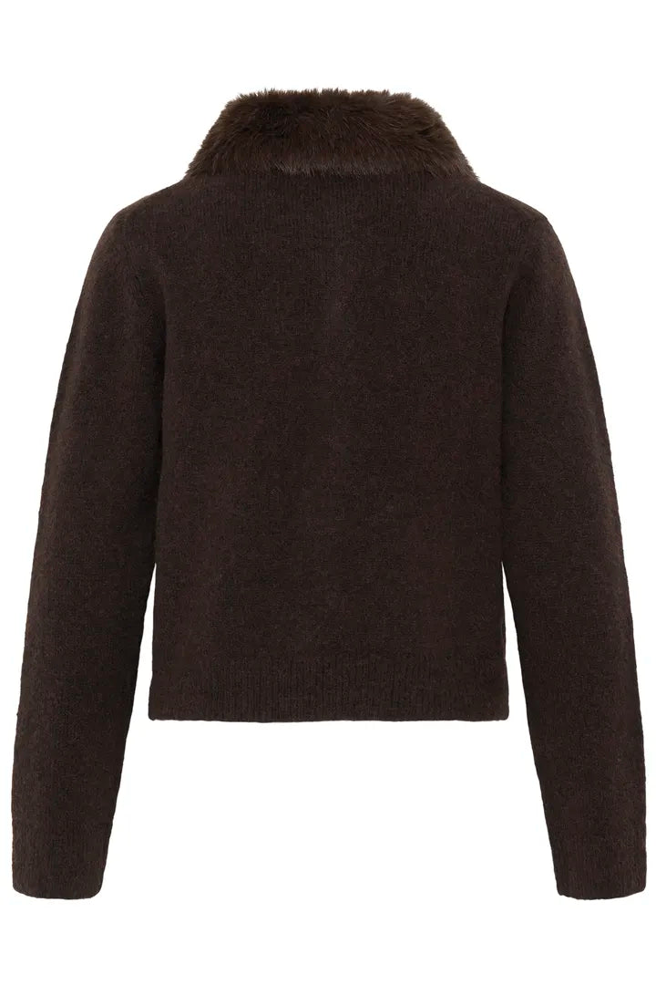 B.Young Otina Chocolate Faux-Fur Collar Cardigan 20819766 — back