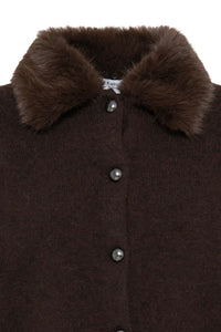 B.Young Otina Chocolate Faux-Fur Collar Cardigan 20819766 — detail