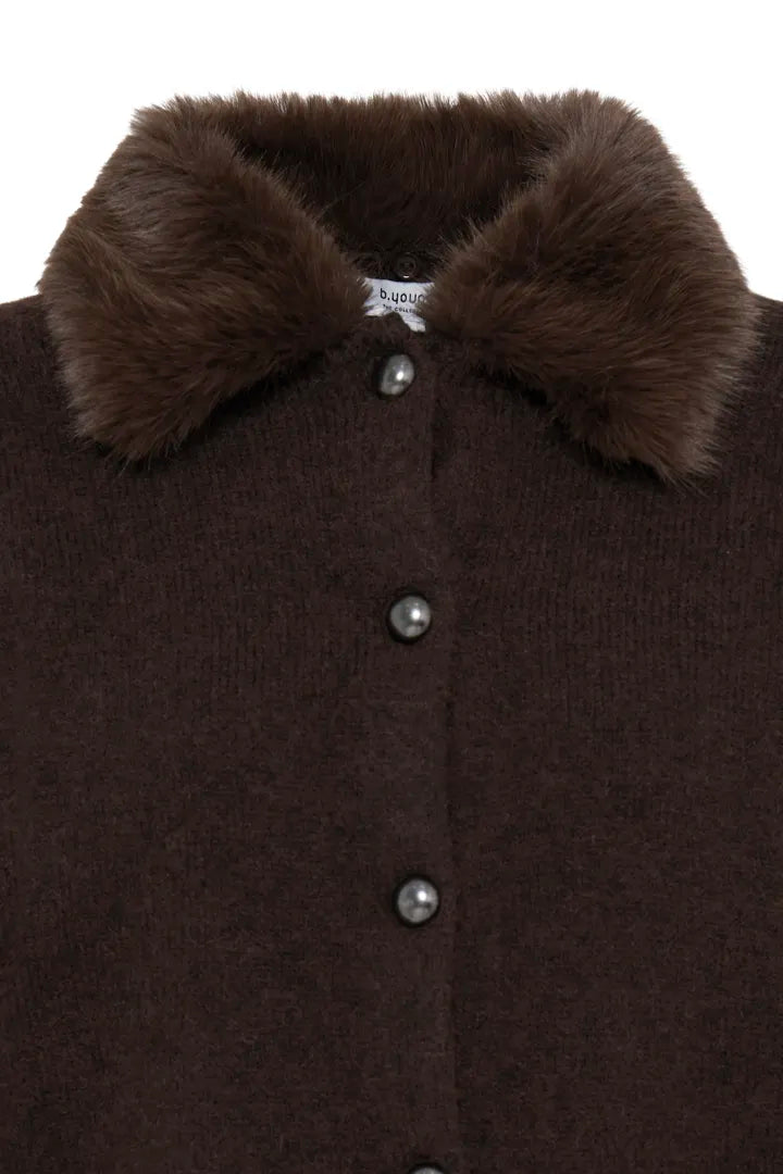 B.Young Otina Chocolate Faux-Fur Collar Cardigan 20819766 — detail