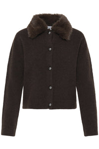B.Young Otina Chocolate Faux-Fur Collar Cardigan 20819766 — front
