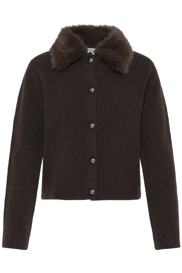 B.Young Otina Chocolate Faux-Fur Collar Cardigan 20819766 — front