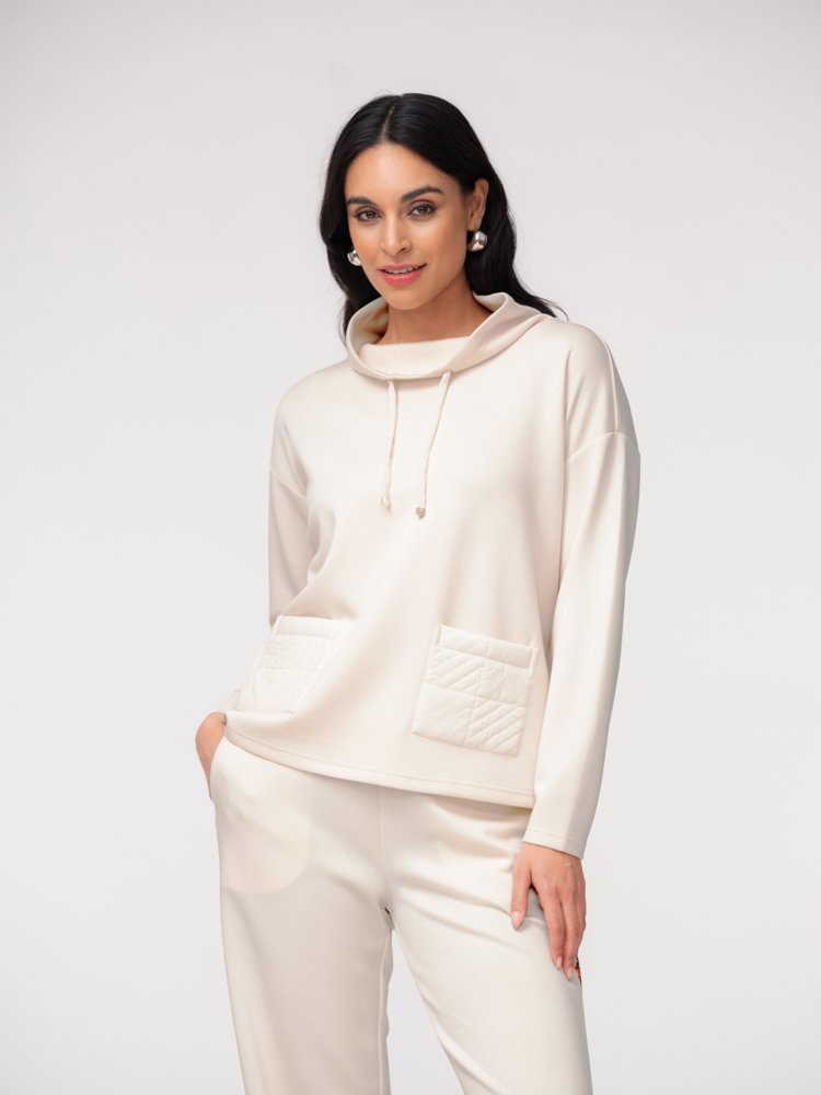 Elena Wang Cowl-Neck Pocket Jumper – Sand 37060