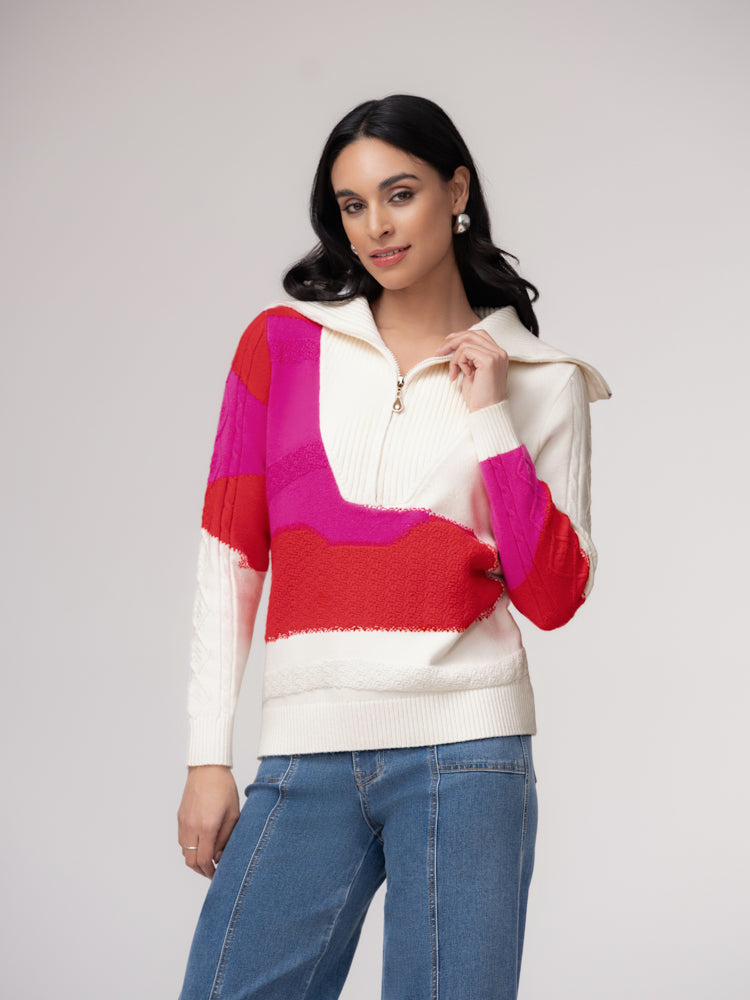 Elena Wang Colour Block Zip-Neck Jumper – Cerise 37161